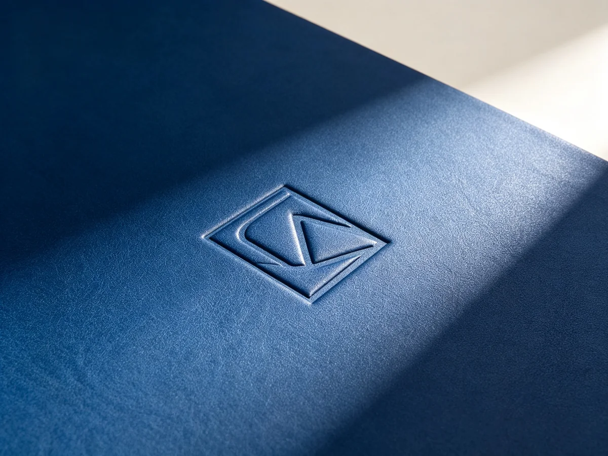 Tone-on-tone embossed logo on blue PU material
