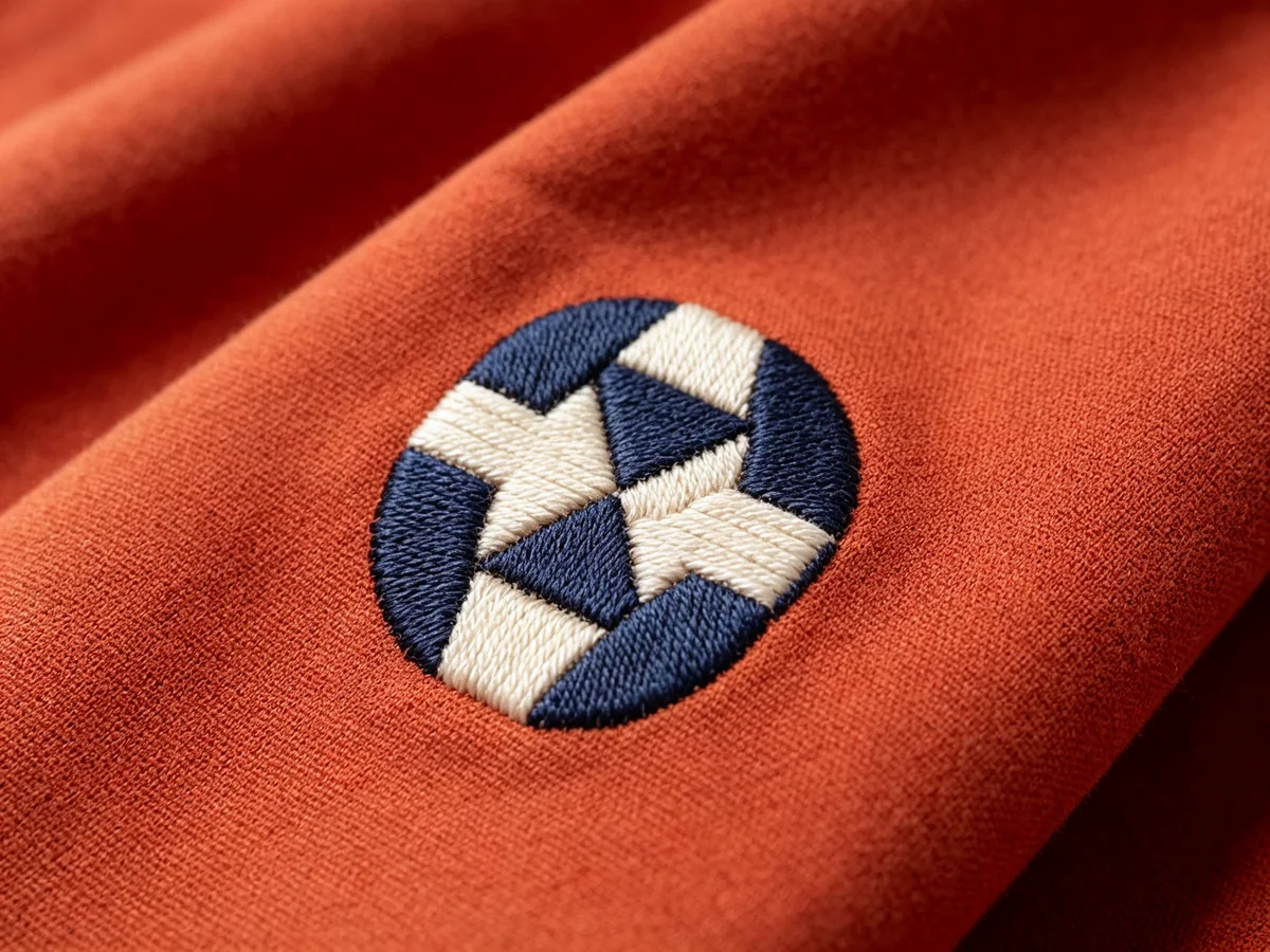 Close-up embroidered geometric logo on orange fabric