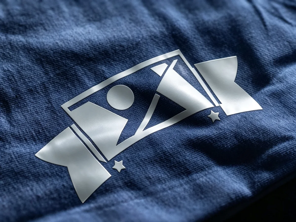 Metallic heat transfer graphic applied to navy fabric