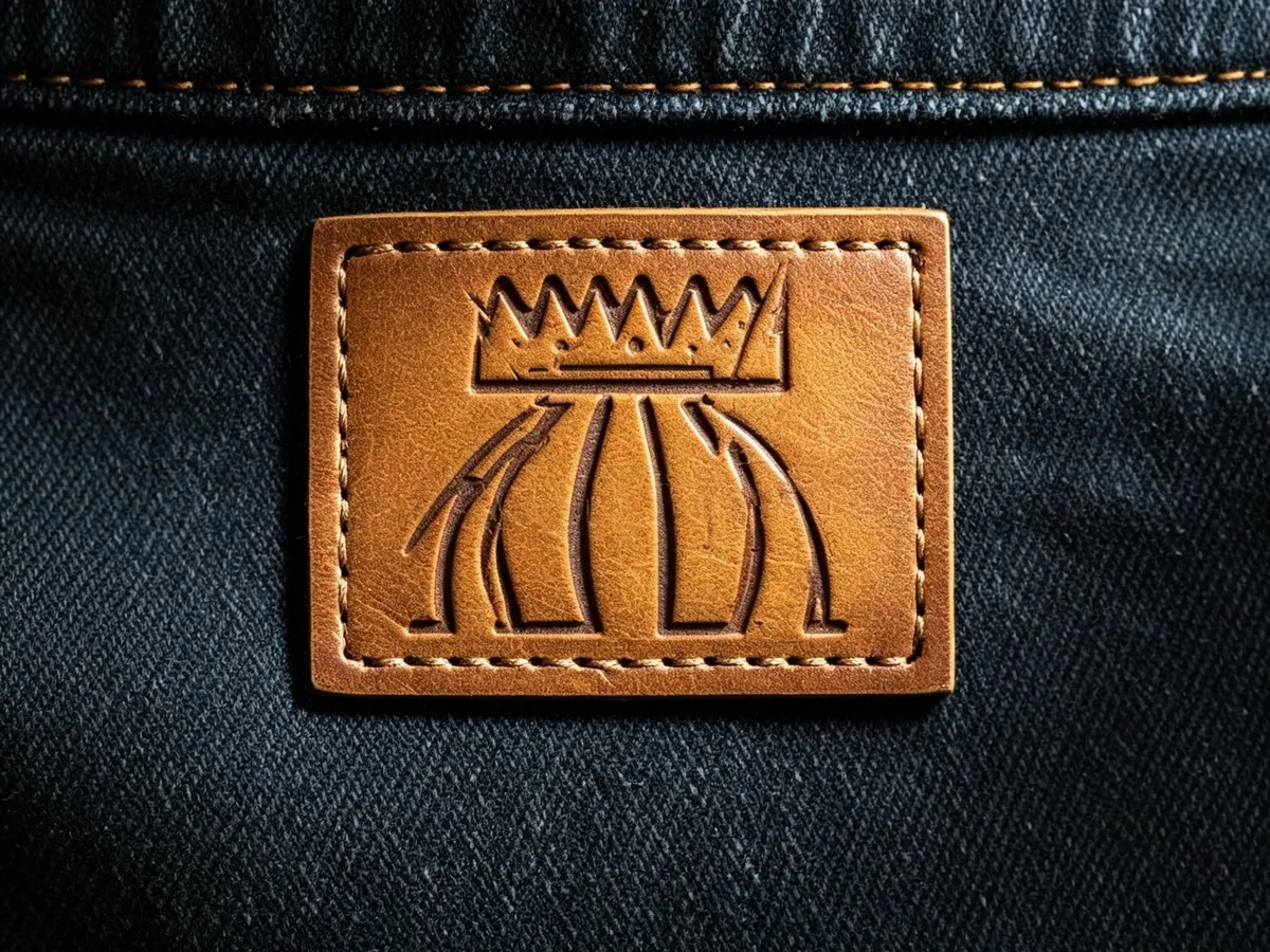 Embossed leather logo patch with stitched edge on denim