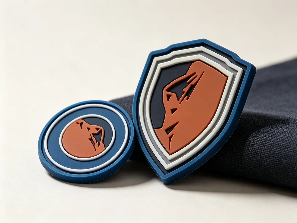 Custom molded rubber logo patches in two shapes