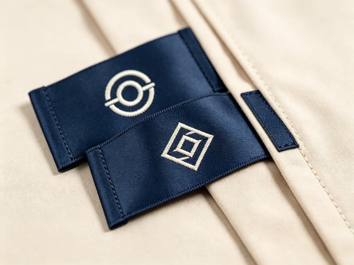 Woven brand labels stitched into bag fabric