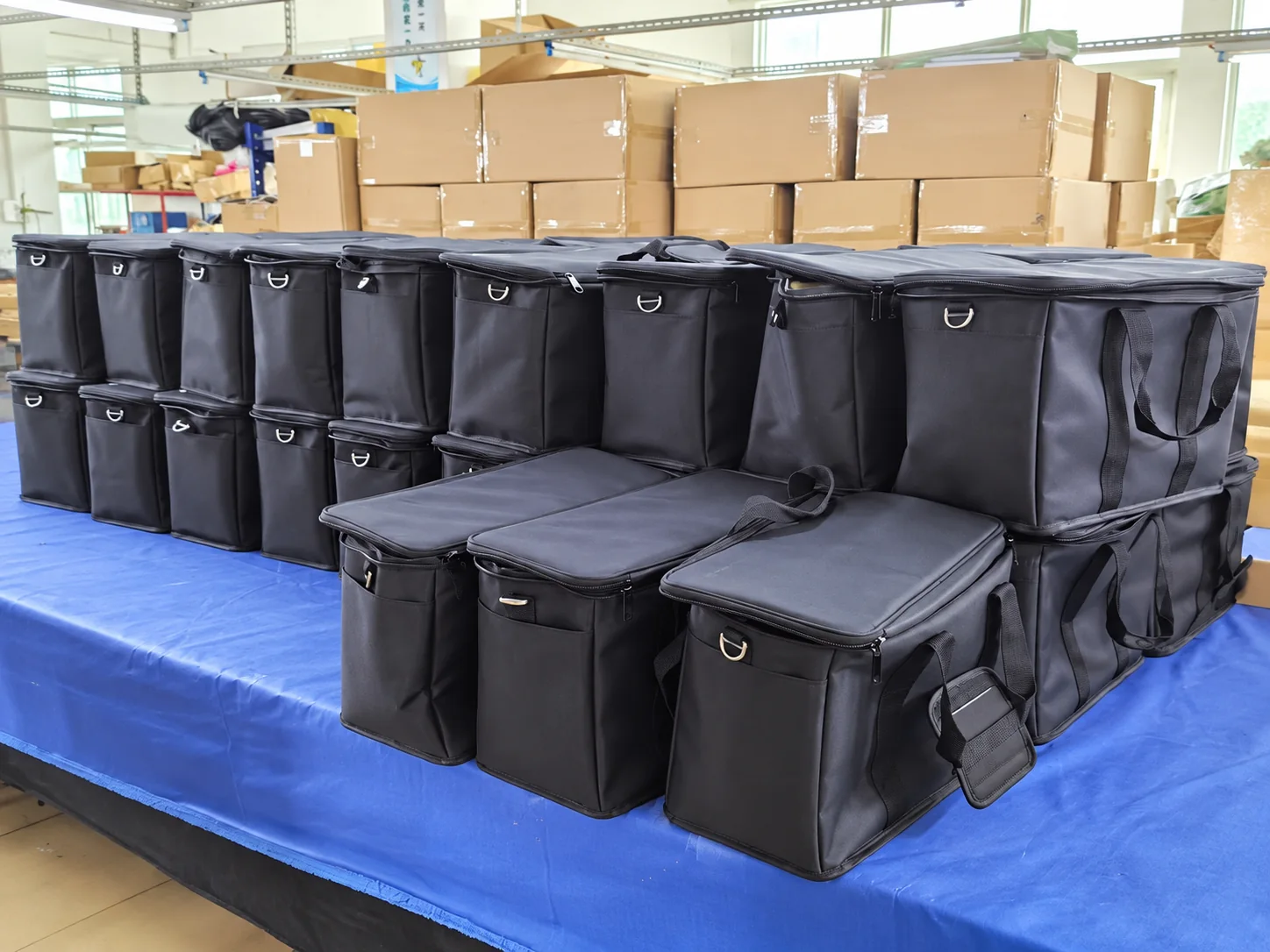 Finished insulated bags arranged for packing