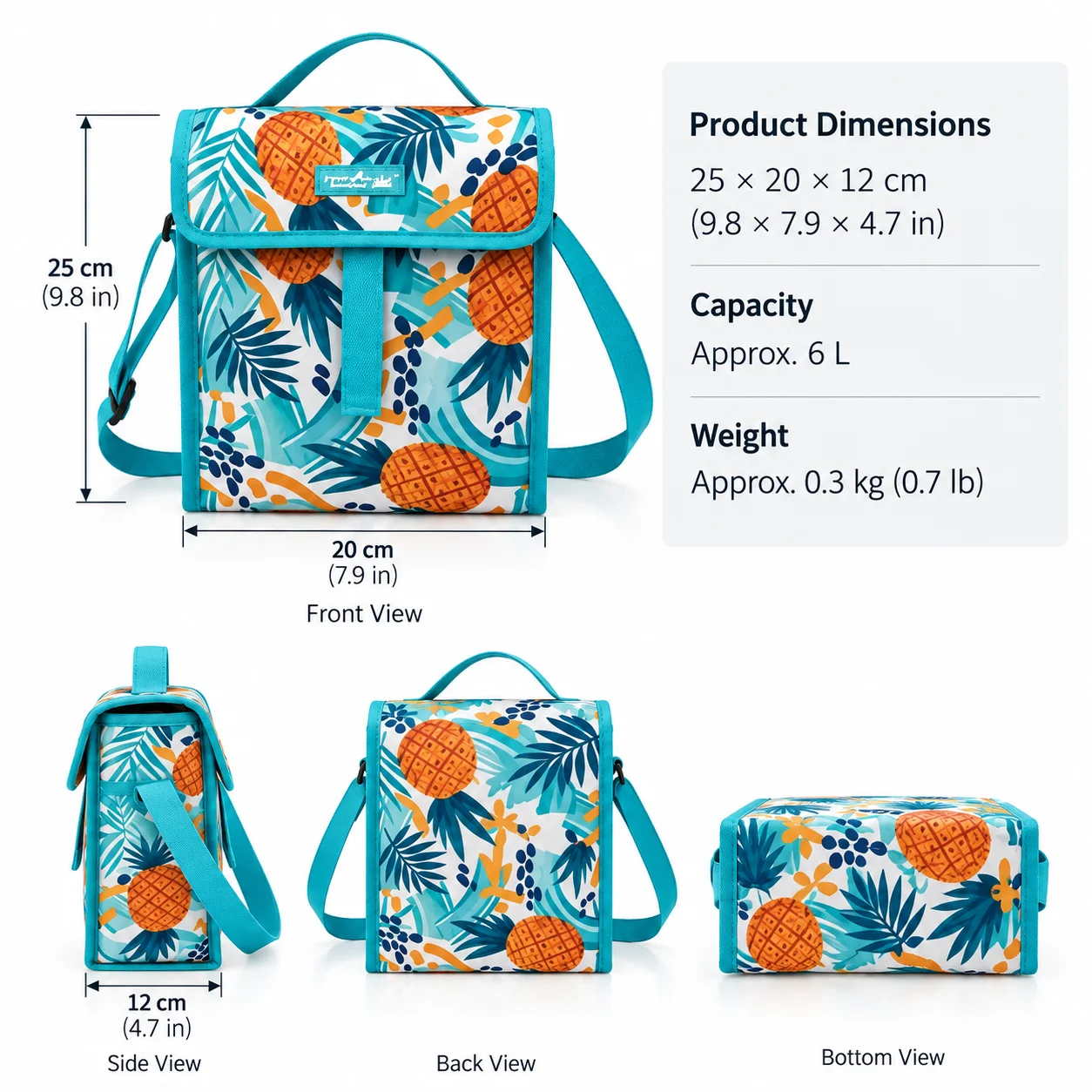 Tropical Pineapple Insulated Lunch Bag — Dimensions & capacity