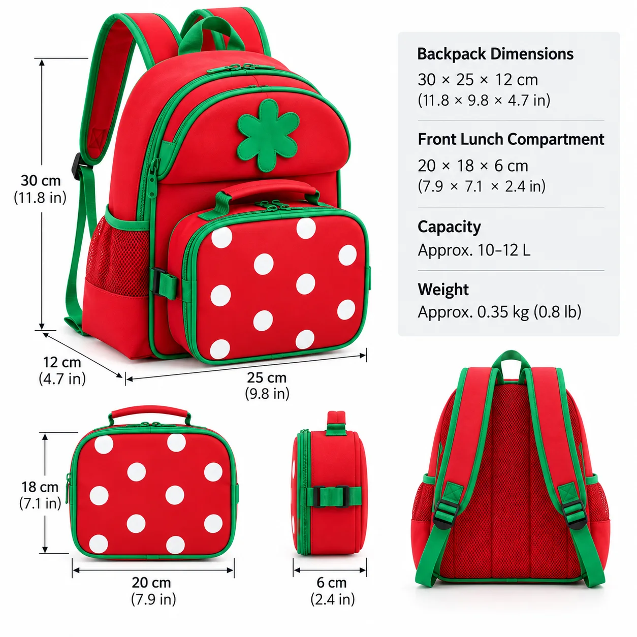 Strawberry Kids Backpack & Lunch Bag Set — Dimensions & feature map