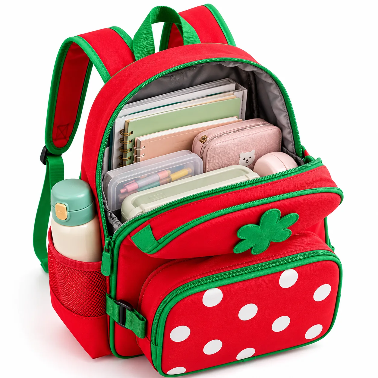 Strawberry Kids Backpack & Lunch Bag Set — Loaded interior