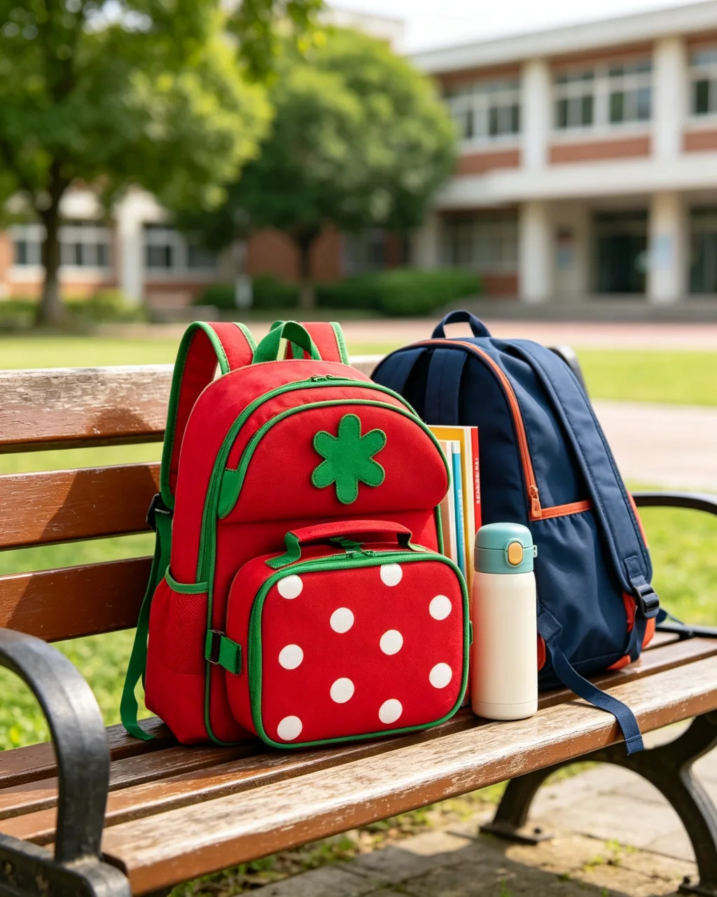 Strawberry Kids Backpack & Lunch Bag Set — School-day setting