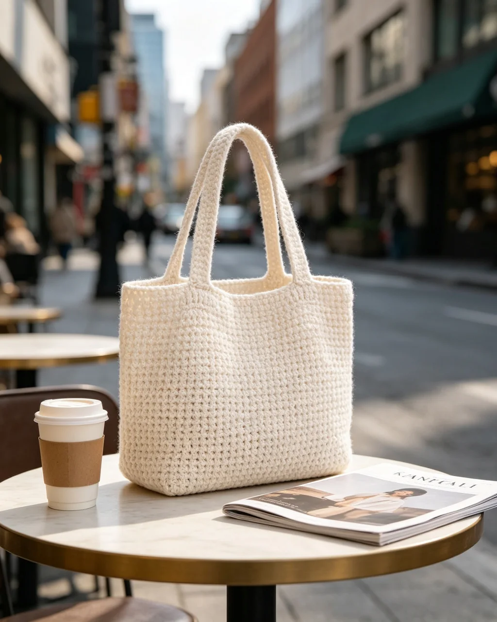 PearlKnit Mini Tote Bag — Café setting